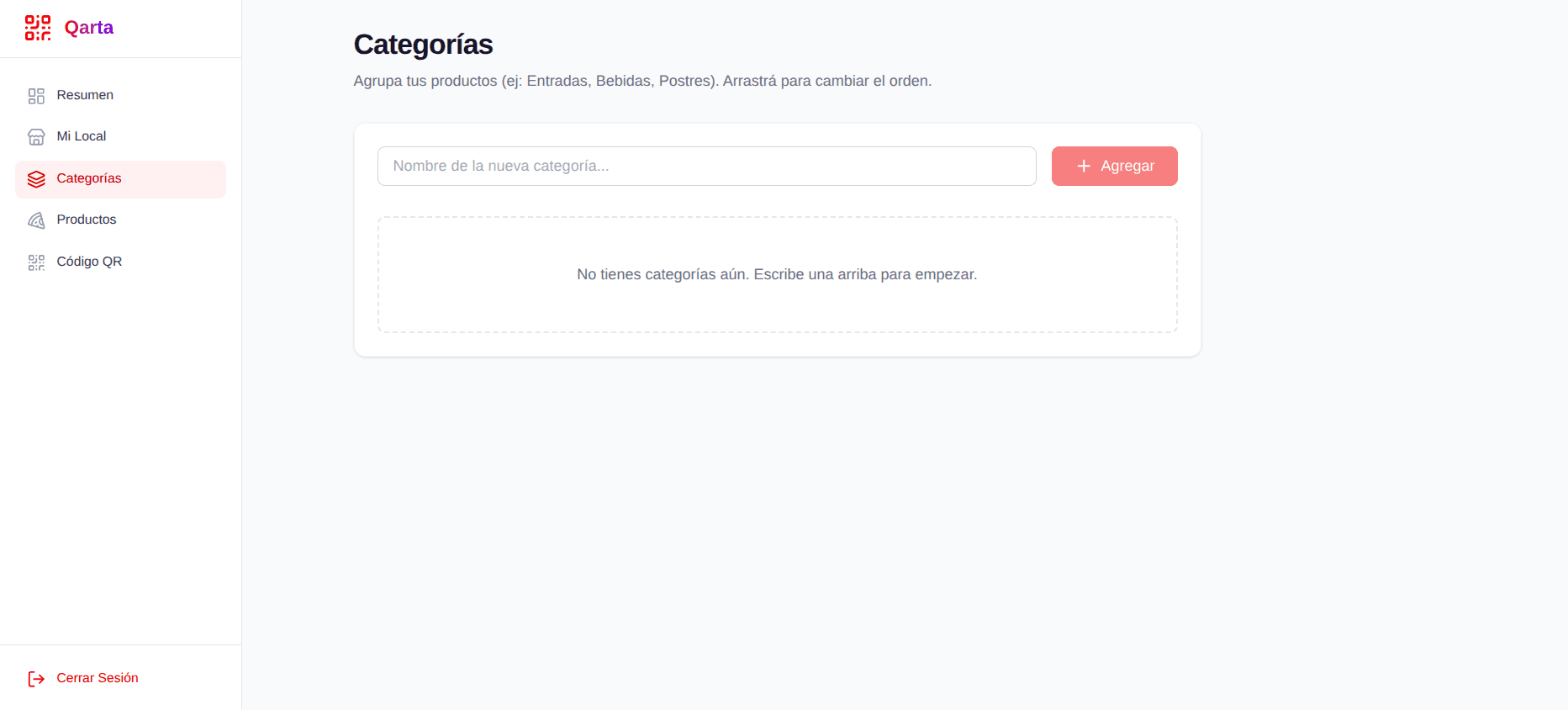 Panel de Qarta: categorías del menú