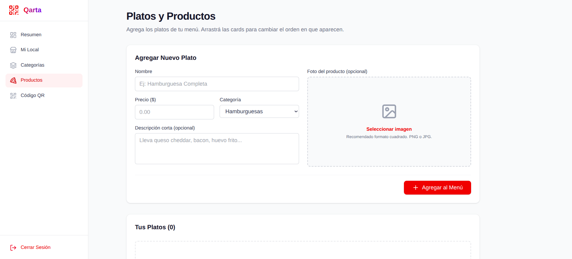Panel de Qarta: gestión de productos